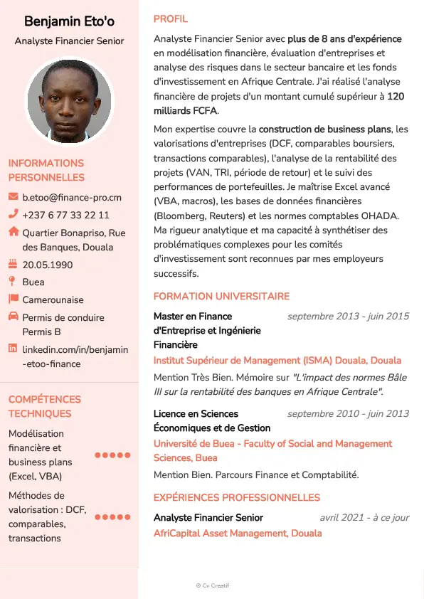 Exemple de CV d'analyste financier