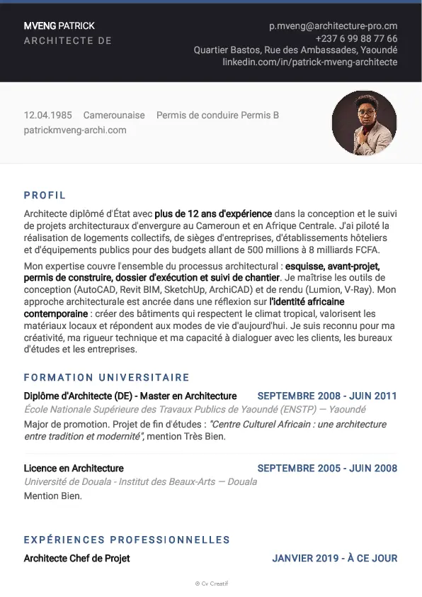 Exemple de CV d'architecte
