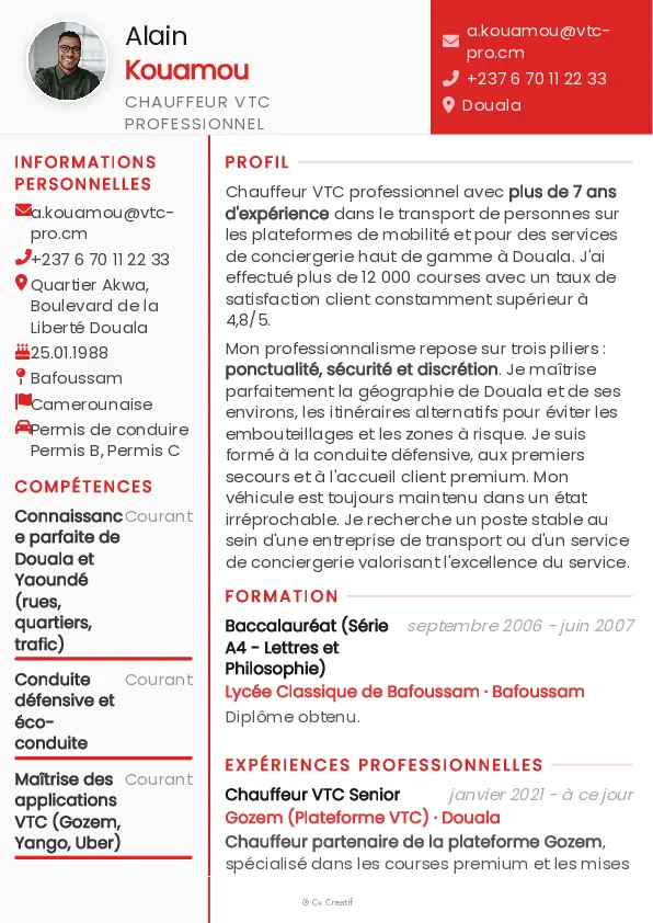 Exemple de CV de chauffeur VTC
