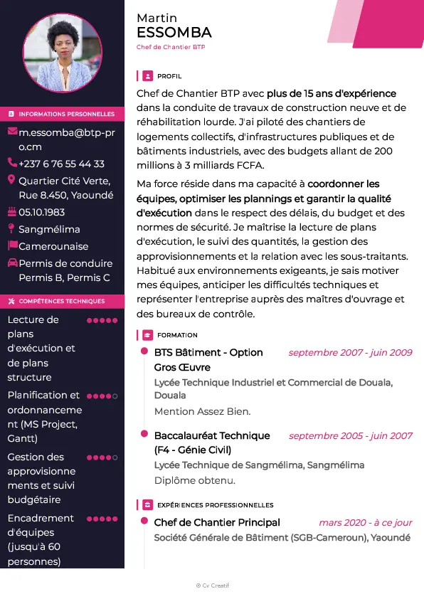 Exemple de CV de chef de chantier