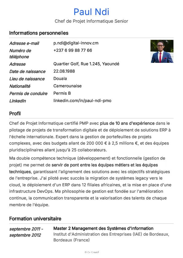 Exemple de CV de chef de projet informatique