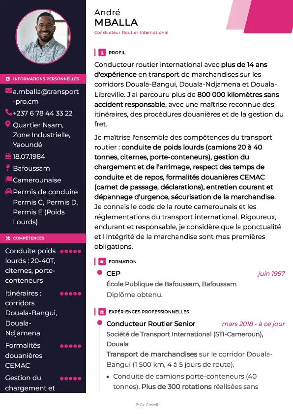 Exemple de CV de conducteur routier