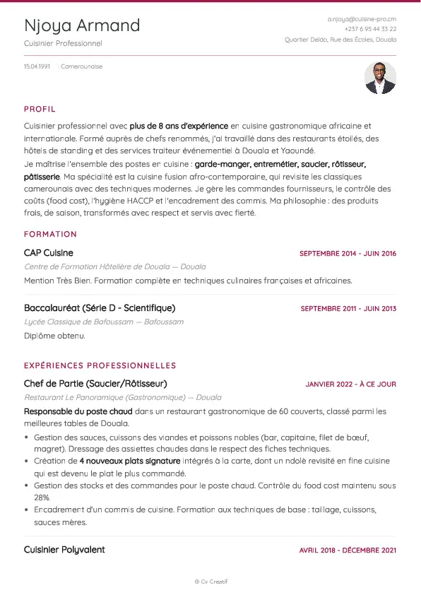 Exemple de CV de cuisinier