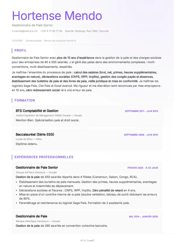 Exemple de CV de gestionnaire de paie