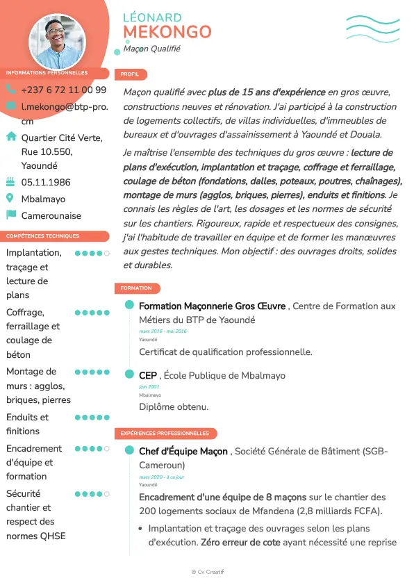 Exemple de CV de maçon