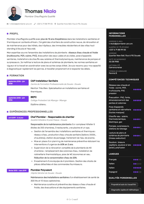Exemple de CV de plombier