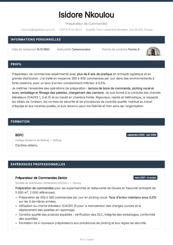 Exemple de CV de préparateur de commandes