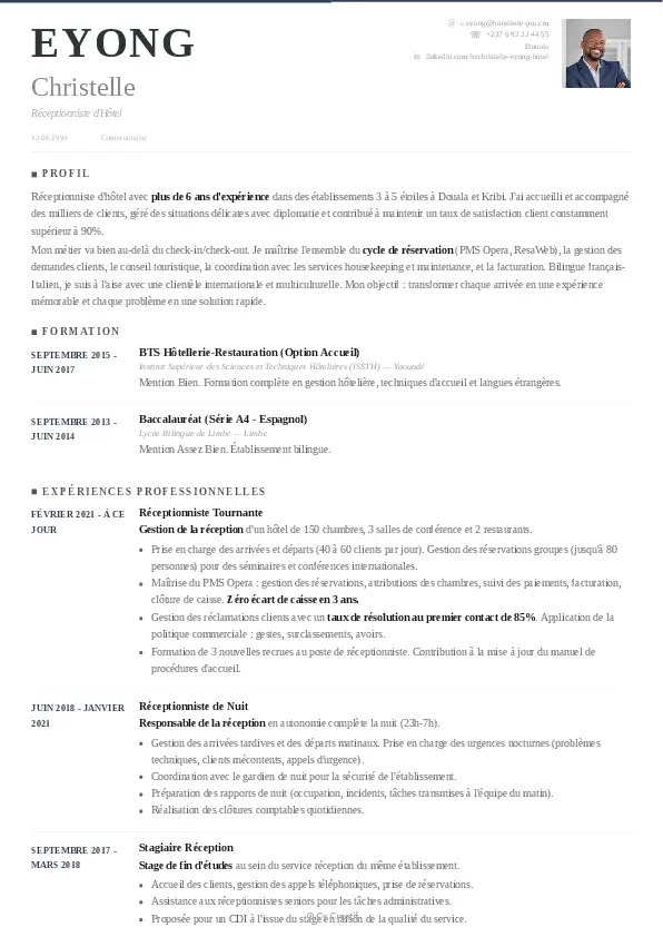 Exemple de CV de réceptionniste d'hôtel