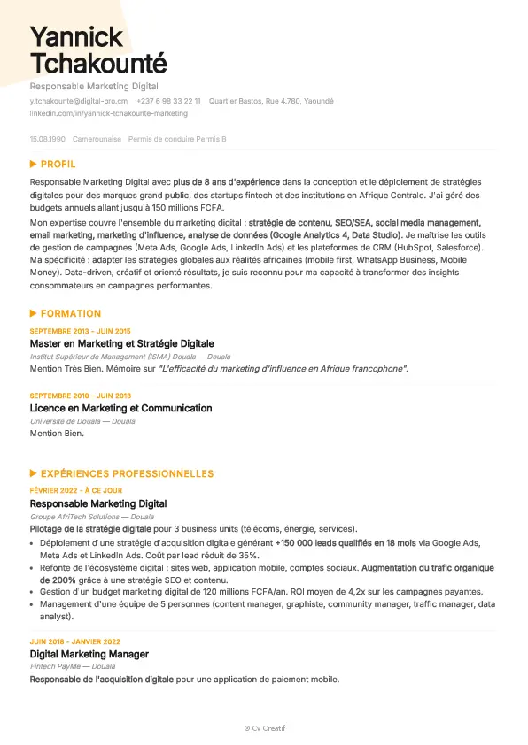 Exemple de CV de responsable marketing digital