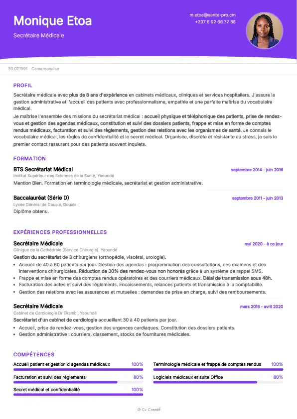 Exemple de CV de secrétaire médical