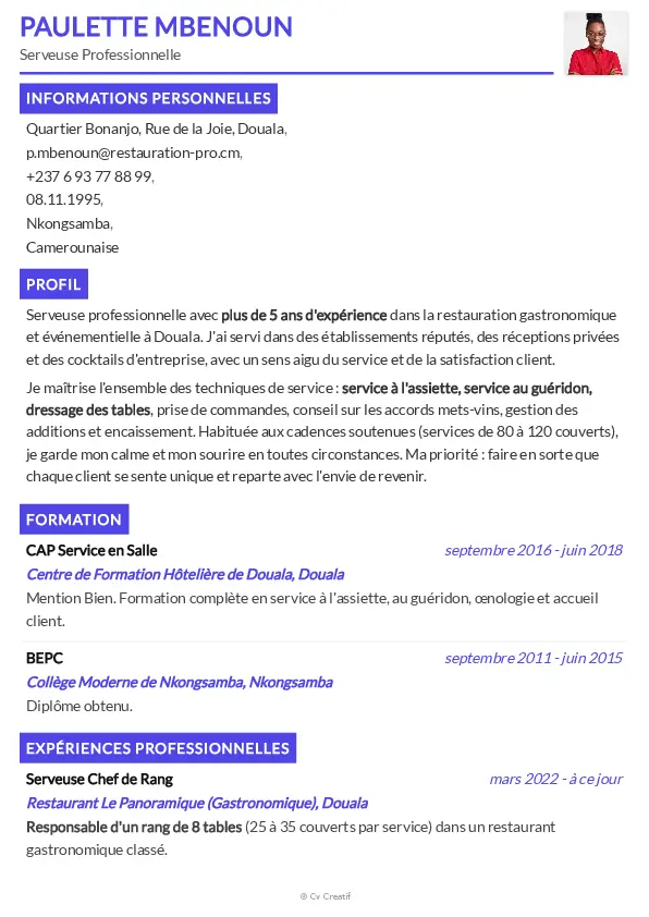 Exemple de CV de serveur / serveuse