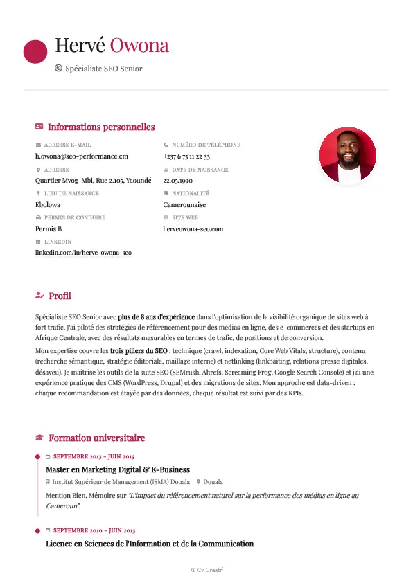 Exemple de CV de spécialiste SEO