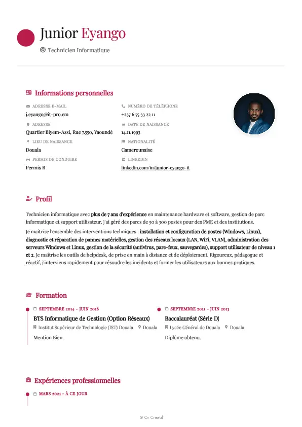 Exemple de CV de technicien informatique