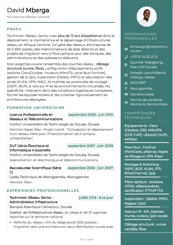 Exemple de CV de technicien réseau