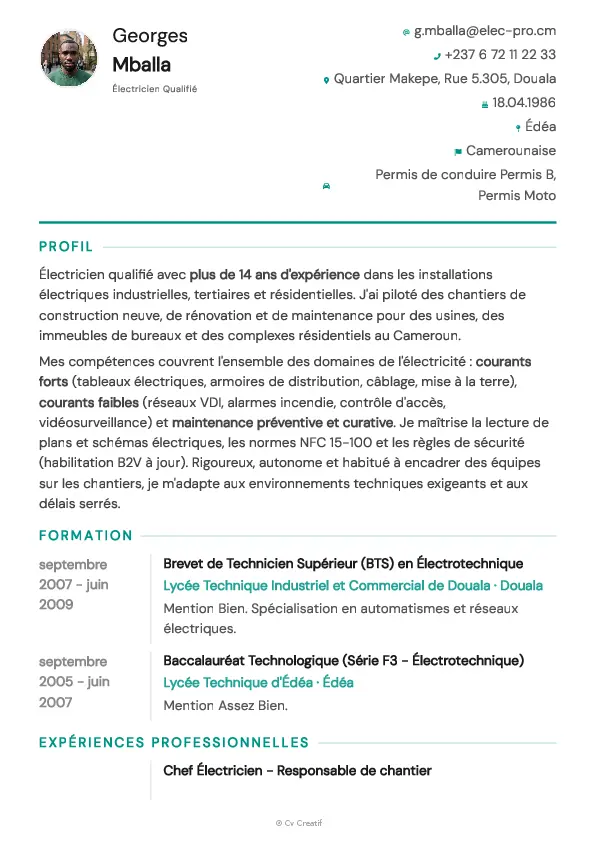Exemple de CV d'électricien