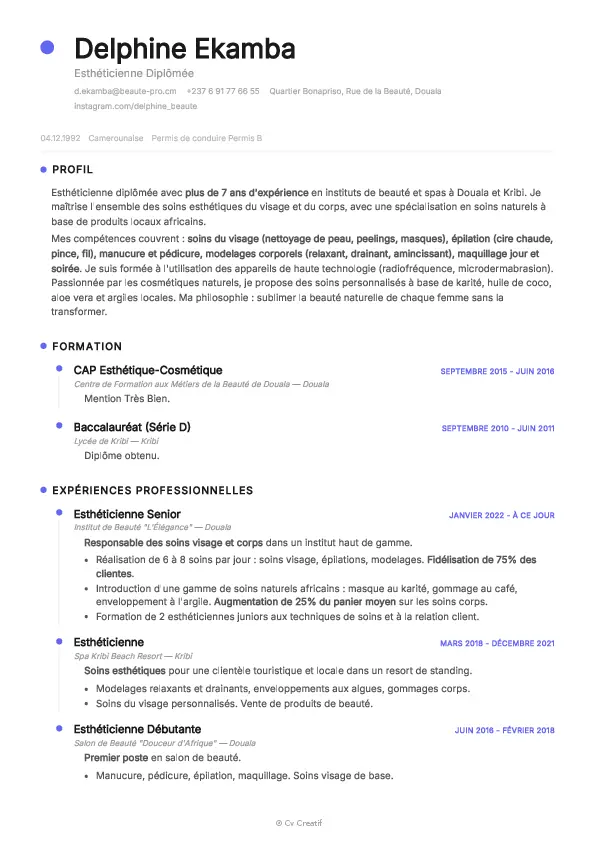 Exemple de CV d'esthéticienne