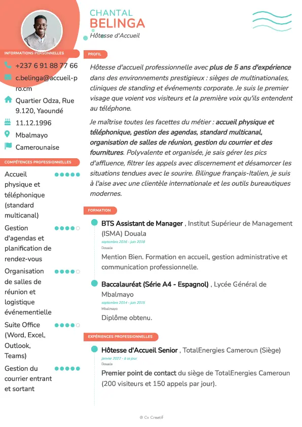 Exemple de CV d'hôtesse d'accueil