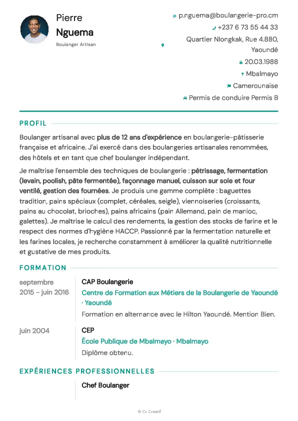 Exemple de CV pour un boulanger