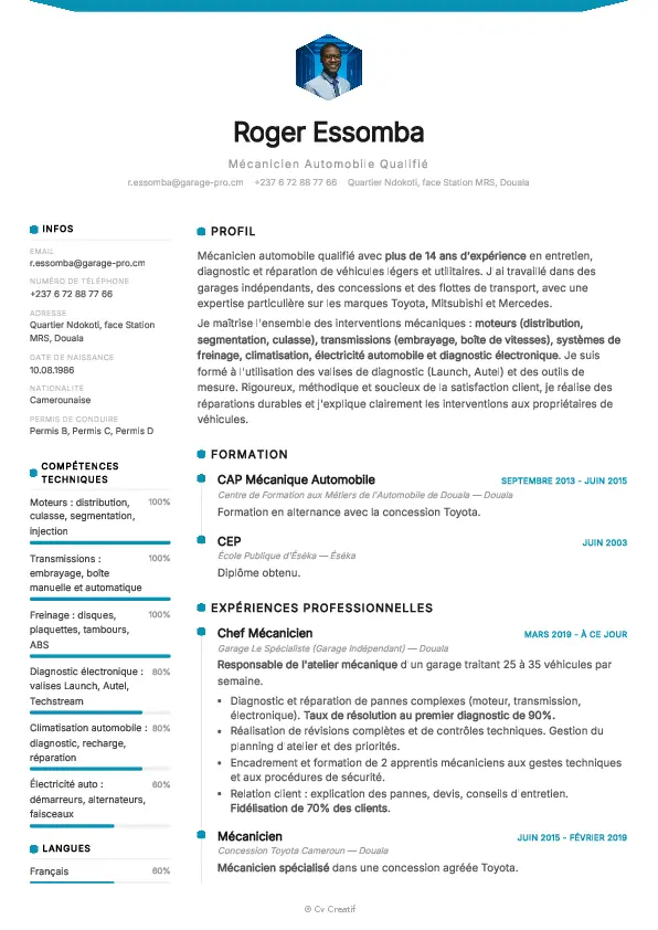 Exemple de CV pour un mécanicien automobile