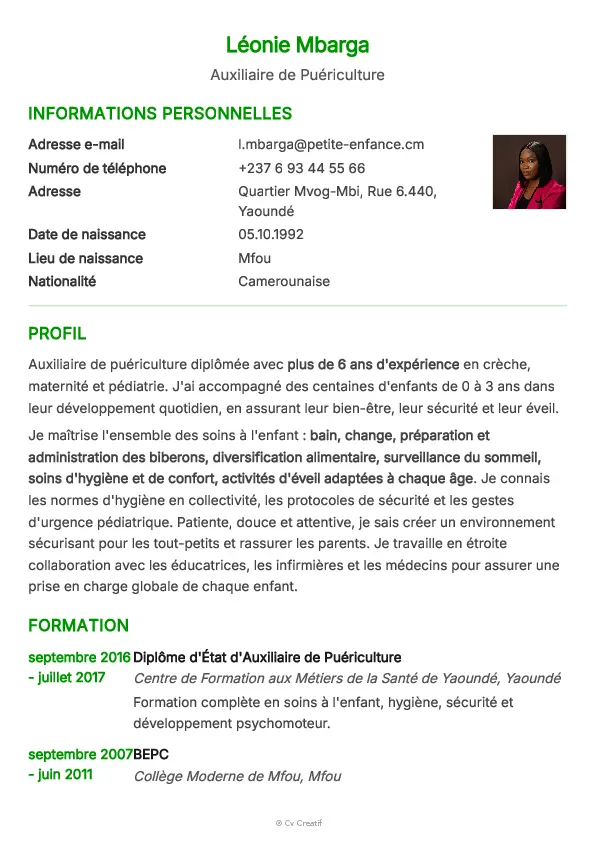 Exemple de CV pour une auxiliaire de puériculture