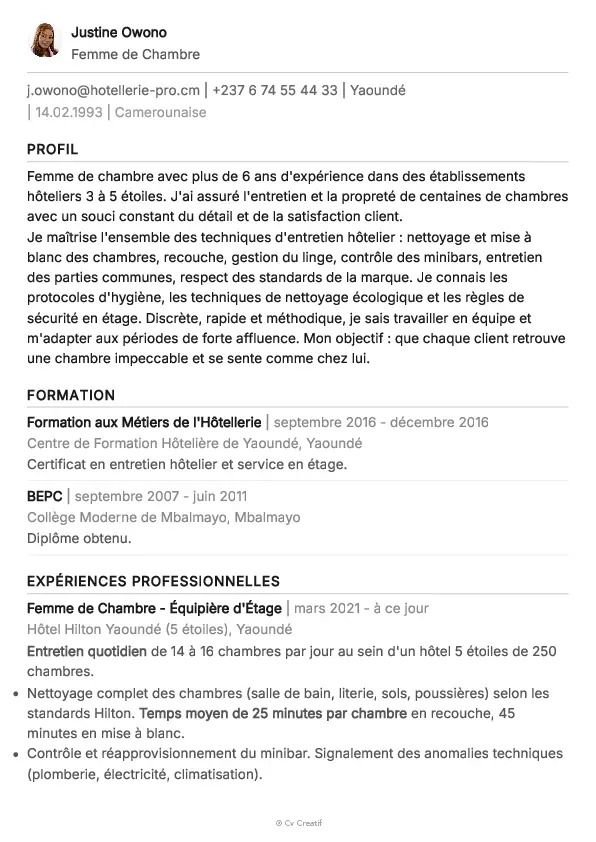 Exemple de CV pour une femme de chambre