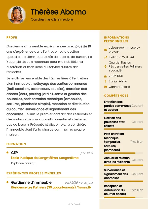 Exemple de CV pour une gardienne d'immeuble