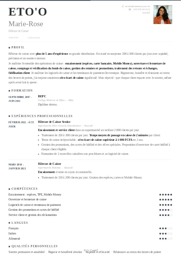 Exemple de CV pour une hôtesse de caisse